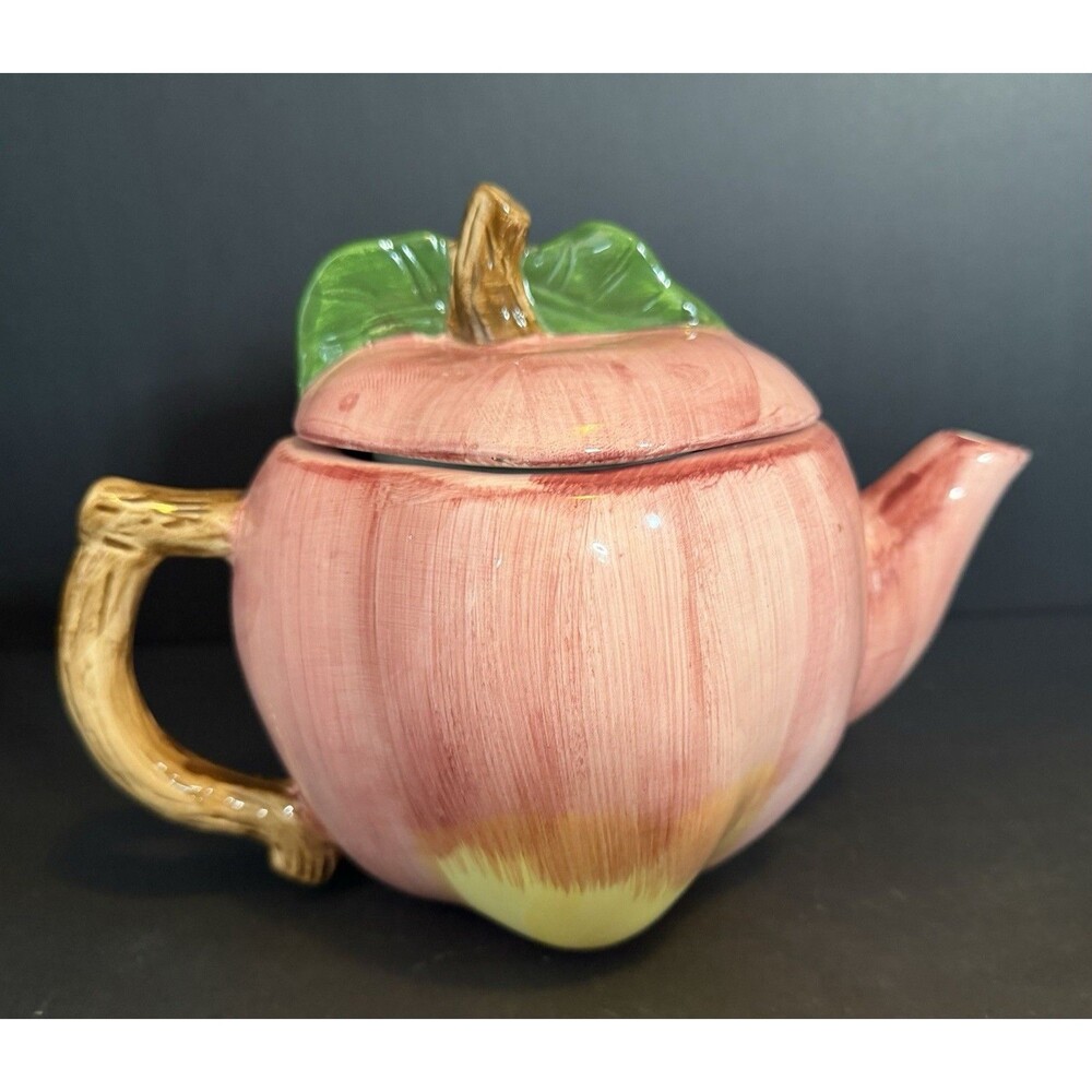 Vtg Enesco Ceramic Apple Teapot Pink Hand Painted Figural Fruit Lid Cottagecore